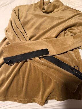 Women's Tan Velvet Long-Sleeve Top with Black Zip Trim